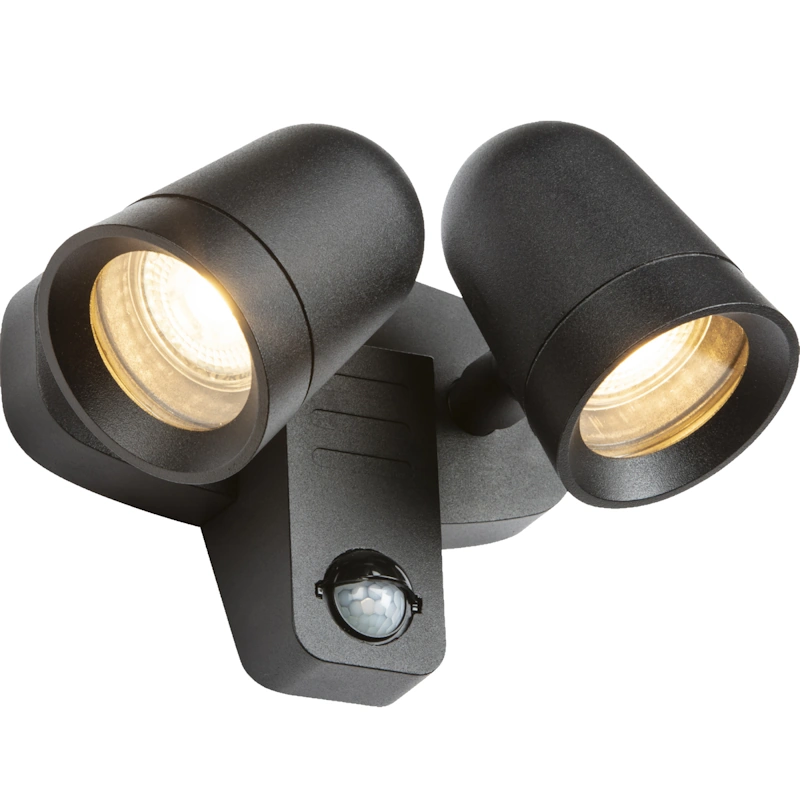 (image for) Knightsbridge NESGUPIR Neso IP54 Twin GU10 Adjustable Security Spotlights In Black With PIR Warm White